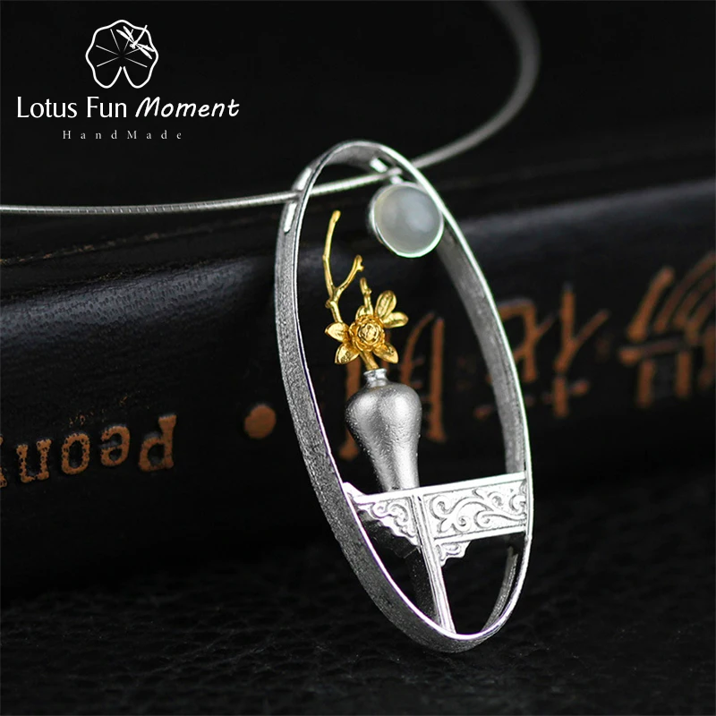 

Lotus Fun Moment Real 925 Sterling Silver Natural Stone Fashion Jewelry Flower Vase Design Pendant without Necklace for Women