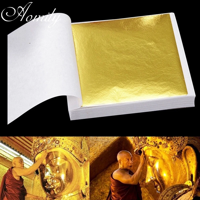 Aomily 9x9cm 100 Sheets Practical K Pure Shiny Gold Leaf for Gilding Funiture Lines Wall Crafts Handicrafts Gilding Decoration