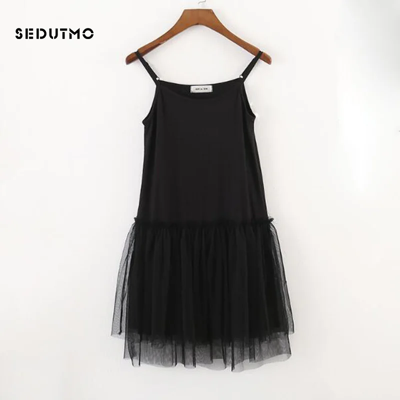 SEDUTMO 2018 Summer Tunic Dress Women Gauze Lace Sexy Basic Sundress Spaghetti Strap Dresses Beach Black Mesh Party Dress ED107