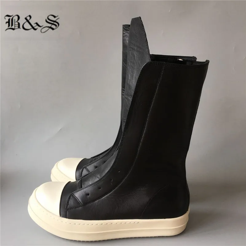 

real picture High-TOP Women Boots fashion Trainers Genuine Leather Boots Casual Sneaker Lace-up Zip Flats Black White Shoes