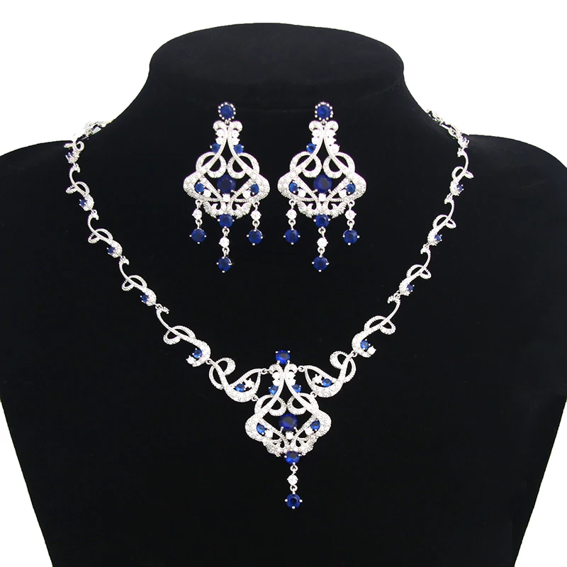 Gorgeous Micro Inlay Full CZ Stones Around Dark Blue Crystal Flower Party Wedding Jewelry Sets For Women AS094