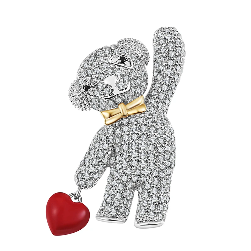 Lovely Bear Zircon Brooches for Women Sweet Teddy Holding Red Heart Enamel Pins Bow knot Brooch Vintage Animal Jewelry Broche