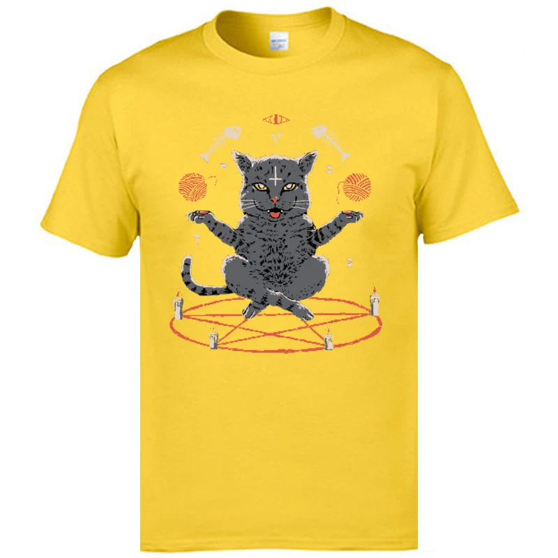 サタンよこしまなネクロマンサー猫魔法通常tシャツ悪魔猫おかしいデザイン新しいtシャツ男性綿 100% の夏tシャツ誕生日