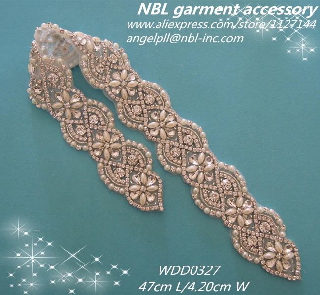 

Long crystal bridal beaded rhinestone pearl sash applique for wedding dress WDD0327
