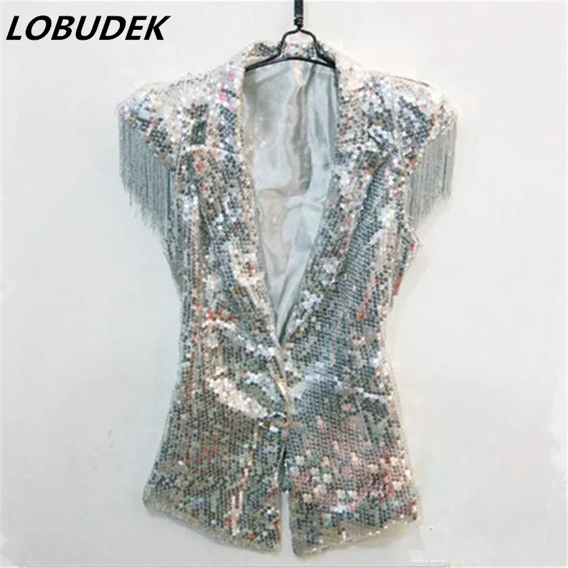 Silver Gold Sequins Fringe Vest Tops Groups Singer Stage Performance Clothing Jazz Dance Team Tassel Vests Bar Nightclub Costume