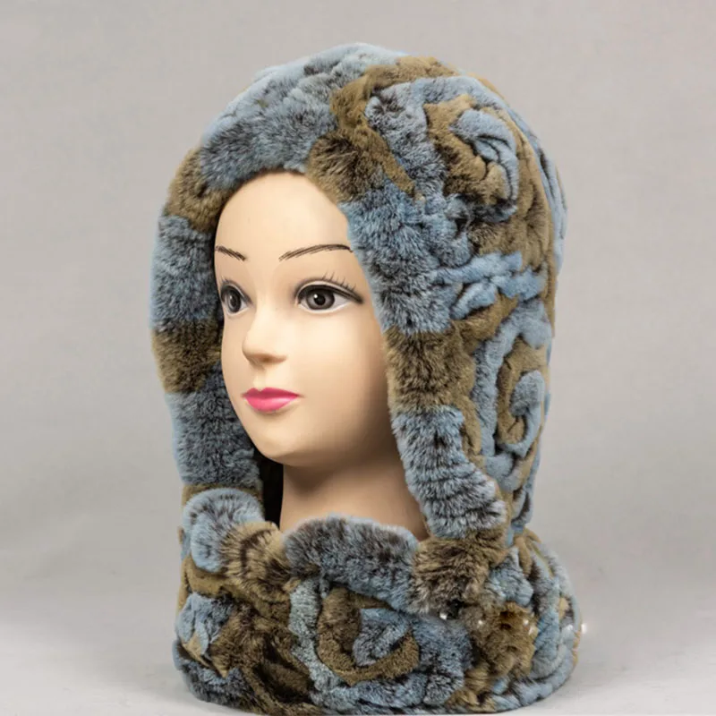 2023 Warm Knitted Women Rex Rabbit Fur Hat Fashion Winter Cap Russia Fur Hats Ladies Warm Fur hat and Scarf With Rose decoration