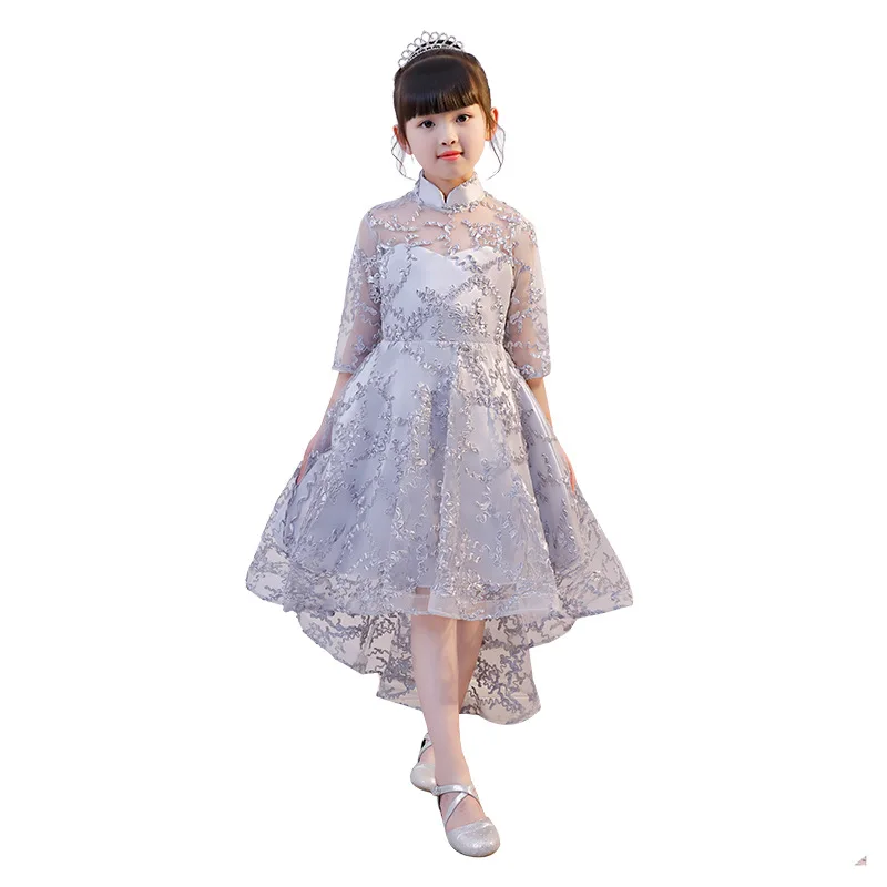 

New Gray Lace Scoop Neck Flower Girls Dress for Wedding with Cape 3D Girls First Communion Dress Birthday Gown