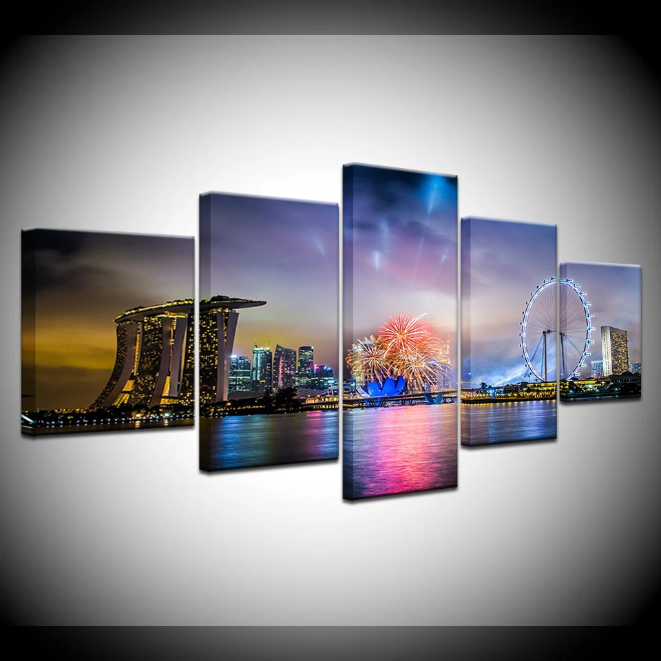 Canvas Painting fireworks in Victoria Harbour landscape 5 Pieces Wall Art Painting Modular Wallpapers Poster Print  Home Decor