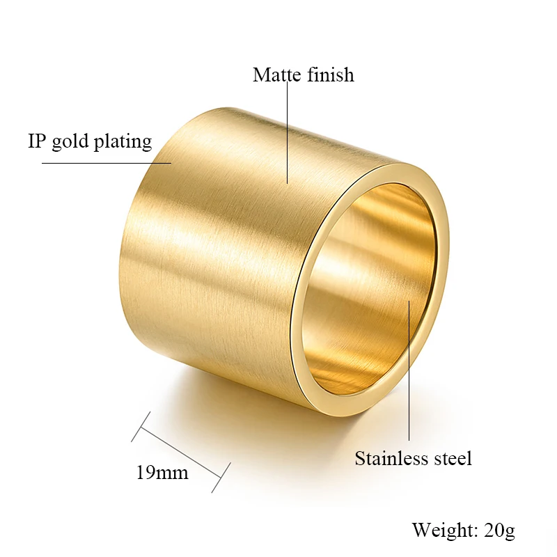 Men\'s Vintage Ring 19mm Wide Big Stainless Steel Wedding Thumb Ring Matte Finish Black Gold Silver Color Large Ring