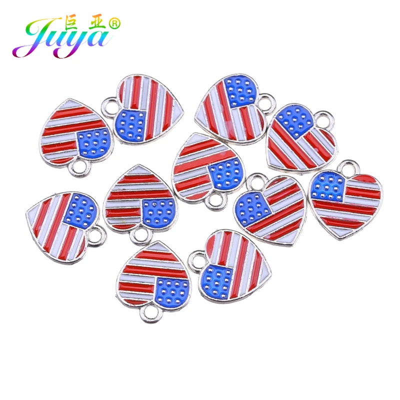 Juya 10pcs Wholesale Heart Shape Enamel Pendant France Italy Netherland USA Flag Charms For DIY Birthstone Jewelry Making