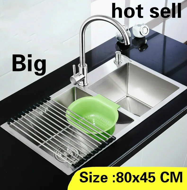 

Free shipping Apartment vogue large kitchen manual sink double groove standard 304 stainless steel hot sell 800x450 MM