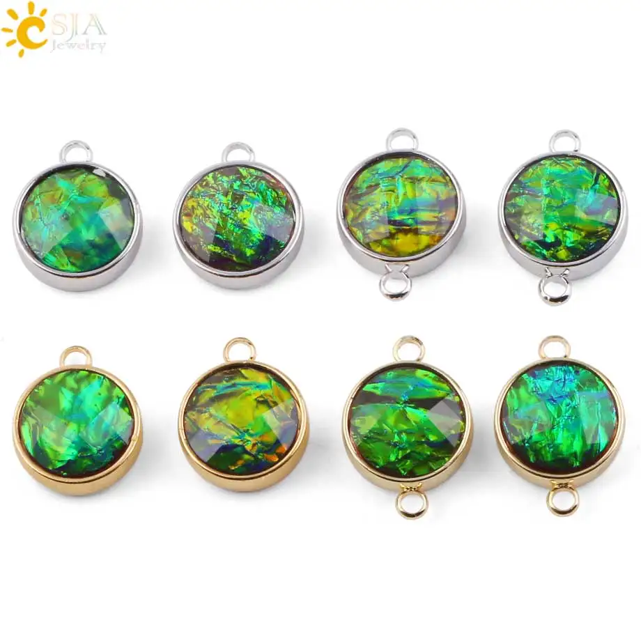 CSJA 1pc Ammolite Connector Silver Color Round Charms for DIY Making Bracelet Necklace Earrings Accessories Crafts Jewelry G090