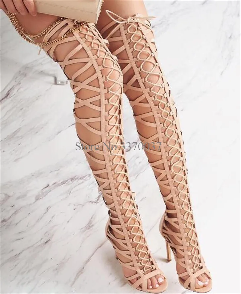 New Design Women Fashion Open Toe Lace-up Strap Cross Over Knee Gladiator Boots Cut-out High Heel Long Boots Dress Shoes