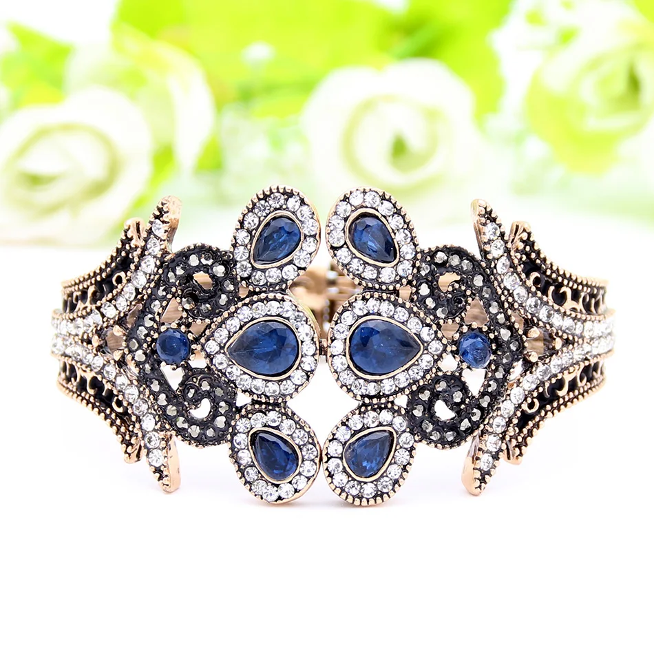 Sunspicems Ethnic Resin Flower Bangle Bracelet Turkish Crystal Jewelry Antique Gold Color Peacock Cuff Bracelets Tulip Bangle
