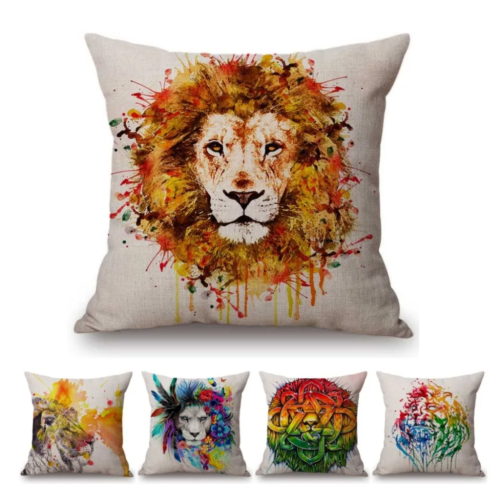 Nordic Animal Lion Home Decorative Throw Pillow For Sofa Watercolor Splatter Art Cotton Linen Square Office Chair Cushion Cover