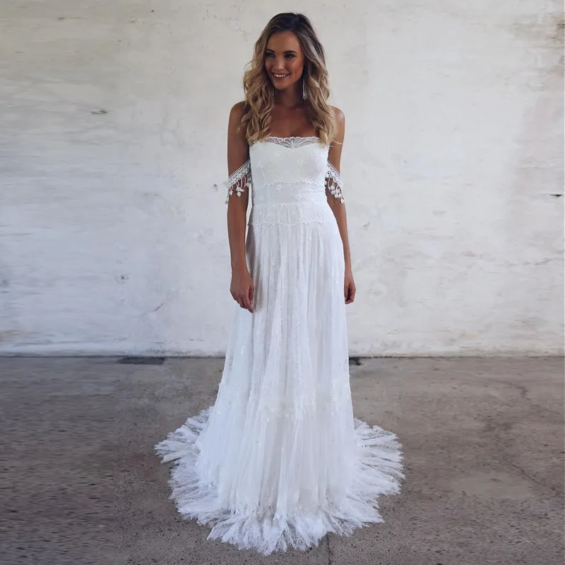 A-Line Off-the-Shoulder Bohemian Lace Beach Bridal Wedding Dress with Appliques 2019 Sweep Train Country Garden vestido de noiva