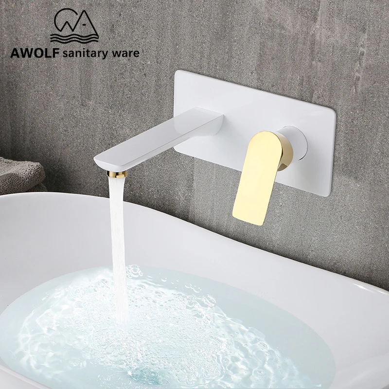 

Awolf White Solid Brass Bathroom Wall Mounted Basin Faucet Hot and Cold Mixer Tap Black Gold Sink Faucet ML8065