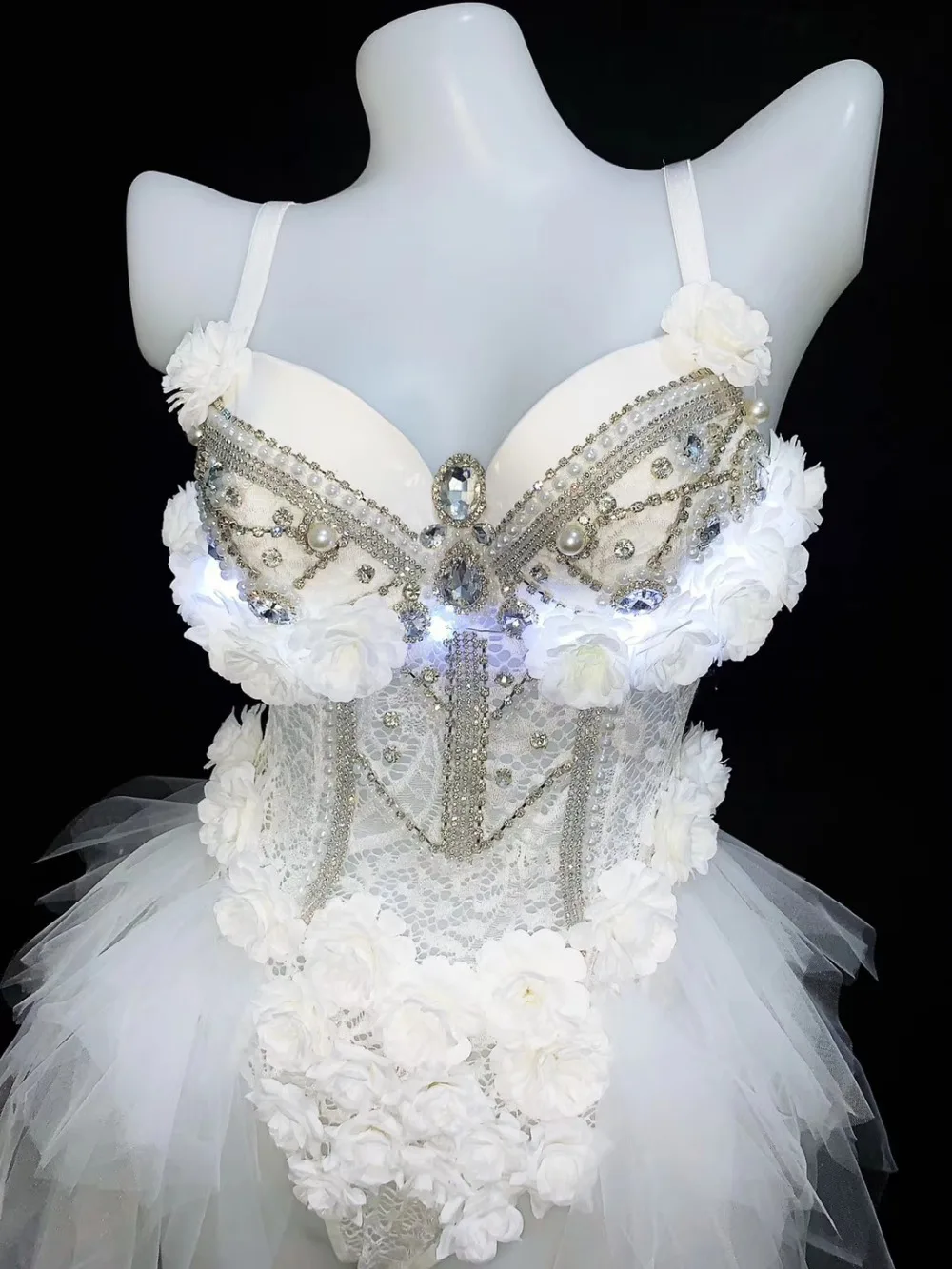Sexy Bar Party Female Costume Sparkly Rhinestones White Lace Flowers Bodysuit Nightclub DJ Singer LED Dance Wear Stage Outfits
