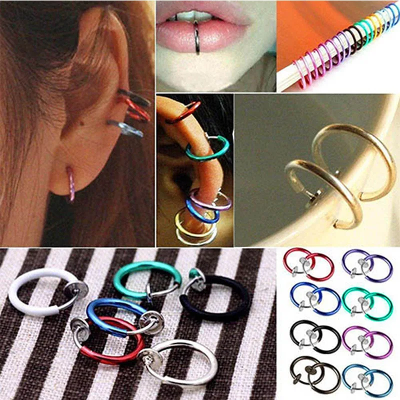 2Pcs Spring Clip Fake Earring For Mens/Womens Stainless Steel Small Ear Circle On Nose Ring Hoop Lip Ring Jewelry