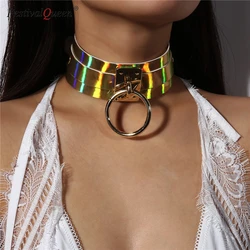 FestivalQueen Punk Round Laser Hologram PU Leather Choker Necklace for Women Holographic Harness Collar Jewelry Gift