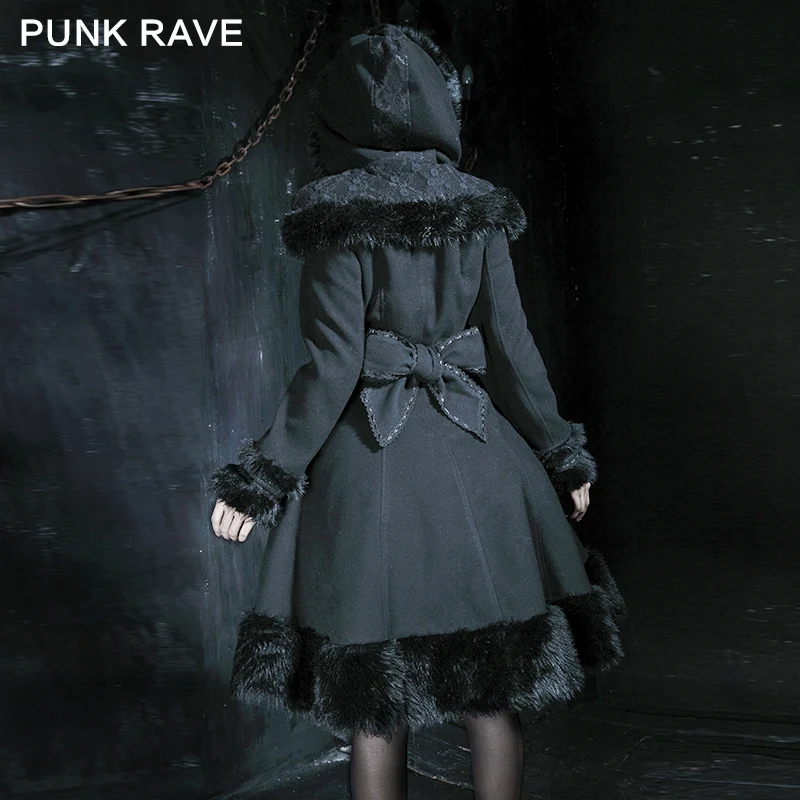 Punk Rave Woolens Coat with Hat Unique Gothic Vintage Fur Slim Solid Coat  Lolita Jacket LY-045