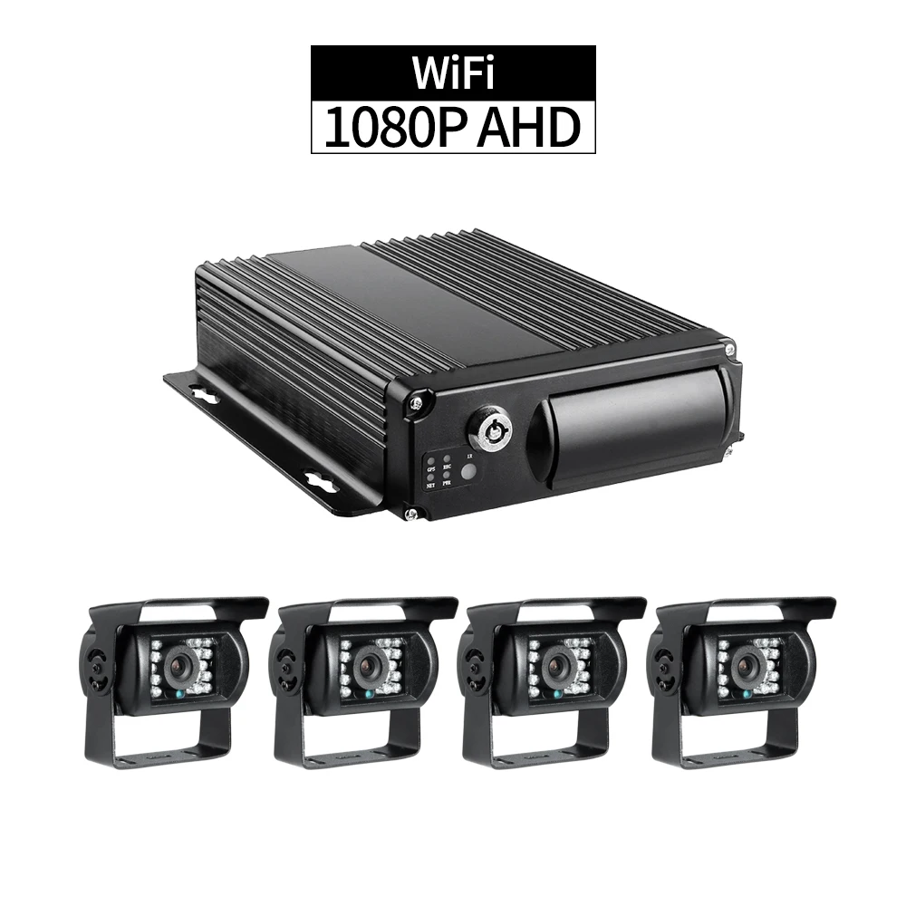 

WiFi Remote Monitor Mobile DVR Kit,Dual SD 256G 4CH 1080P Cycle Recording I/O Alarm with 4pcs Waterproof Cameras for Vehicle