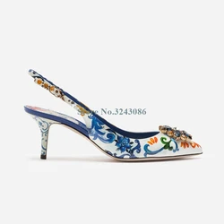 Blue And White Porcelain Thin High Heel Sandals Pointed Toe Slingback Crystal Flower Stiletto Heel Sandals Printing Ladies Shoe