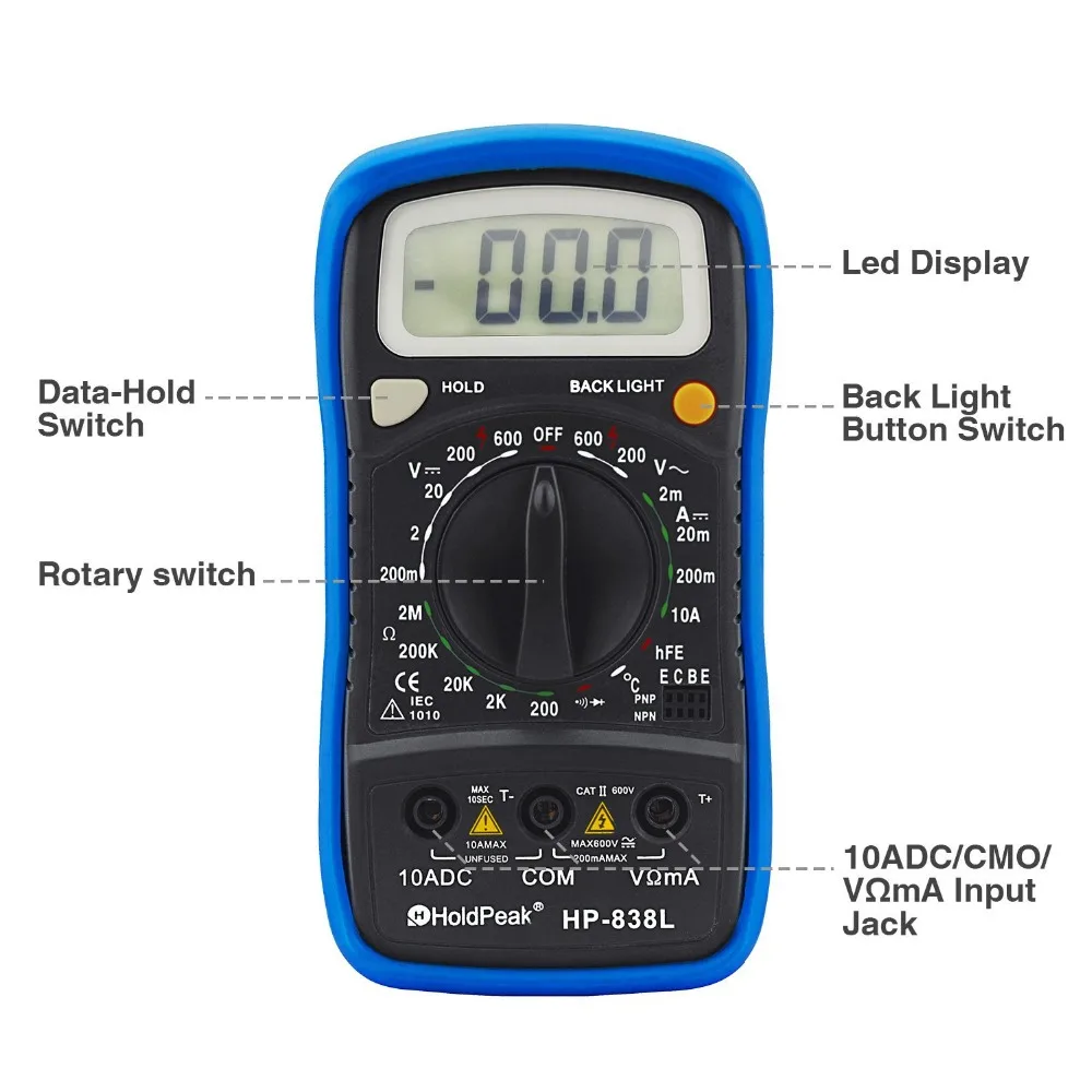 2 Pack Holdpeak HP-838L Digital Multi Tester ,AC/DC Voltage,Manual Ranging Resistance Capactiance ContinuityDiode hFE testing