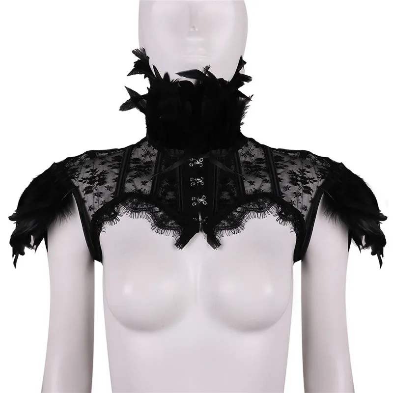 Women Retro Vintage Punk Gothic Feather Collar Shoulder Lace Cape Bolero Jacket Shrug Tops Halloween Party Goth Rave Costumes