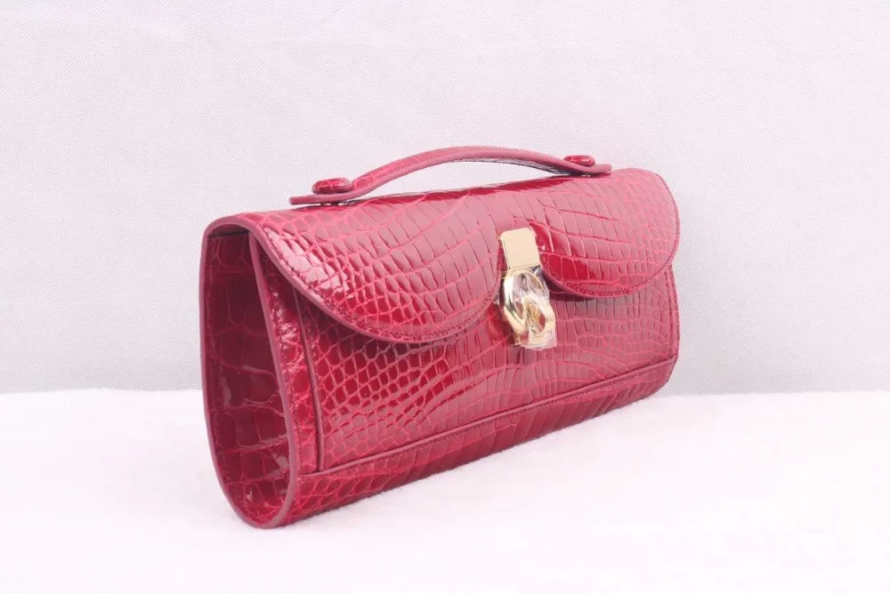 Top quality shinny high glossy genuine crocodile skin women clutch wallet long size with gold color locker top handle red color