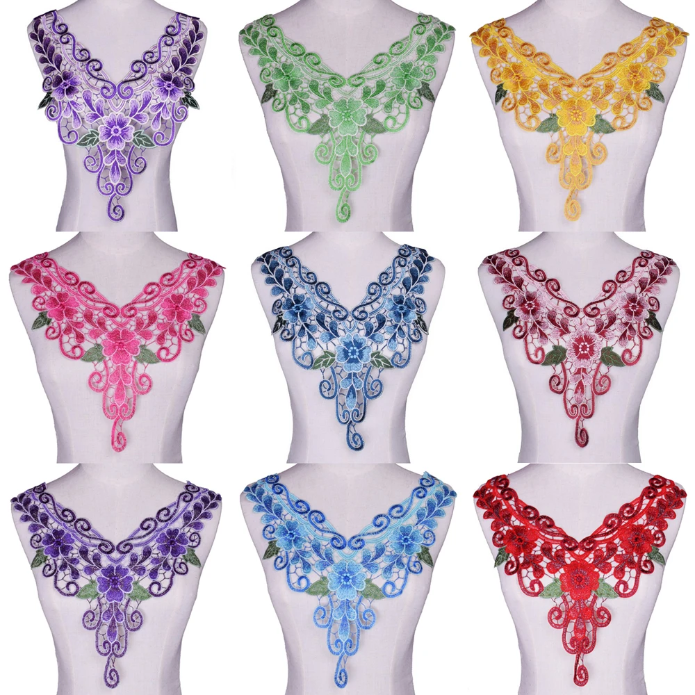 Craft Blue Purple Green Collar Floral Embroidered Applique Trim Decorated Lace Neckline Collar Sewing Accessories