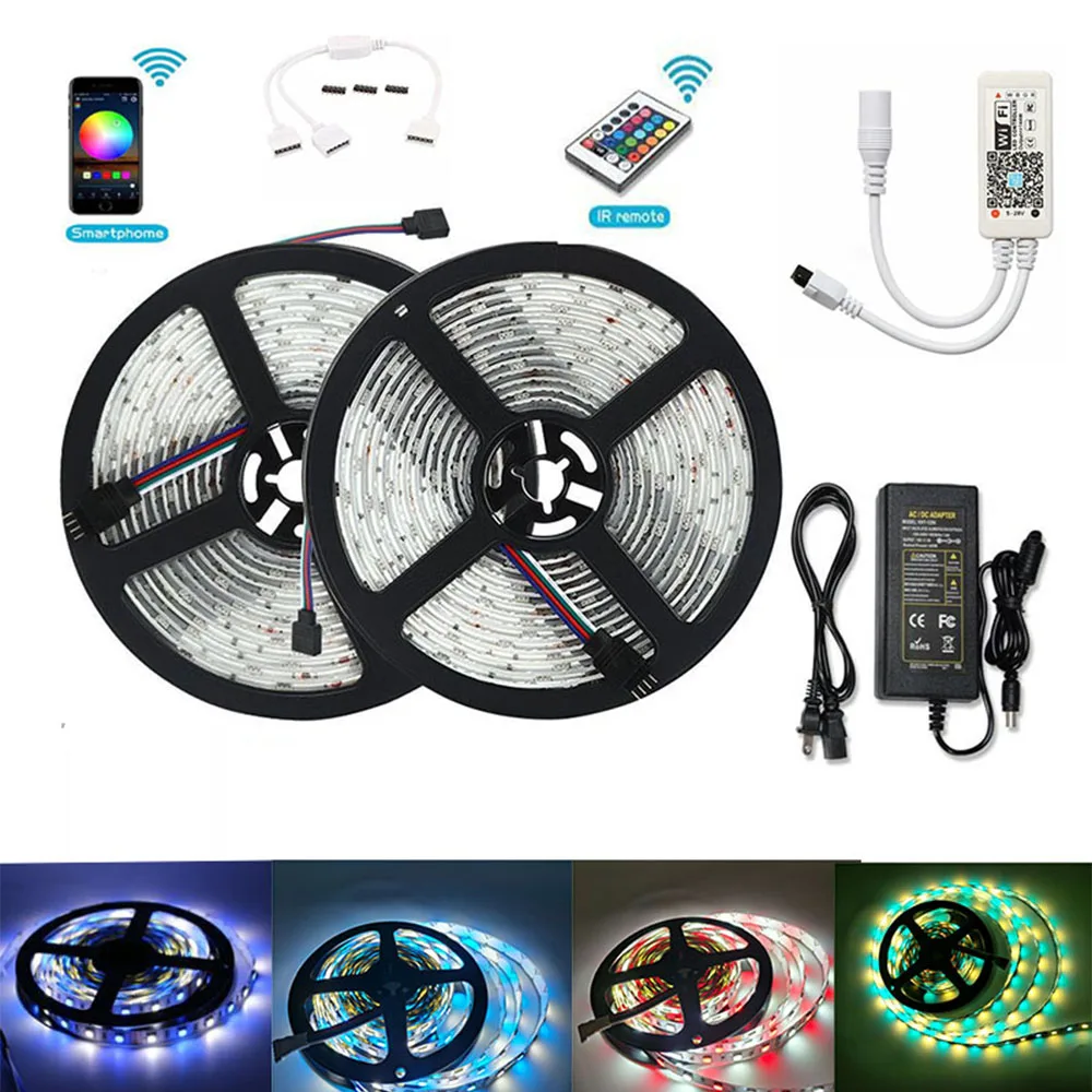 

2x5M RGB RGBW RGBWW RGB LED Strip Lighting 5050 60leds/M LED Tape Diode Ribbon Wifi Controller DC 12V Adapter LED Strip Set