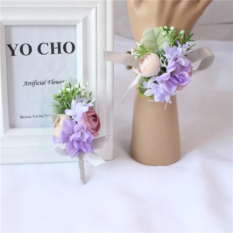 

YO CHO Silk Rose Groom Boutonnieres Brides Wrist Flower Corsage Man Suit Brooch Women Wedding Hand Flowers Party Prom Decor Pins