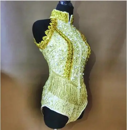 Fashion  Shining Sexy Summer Gold Rhinestones Tassel Bodysuit Celebrate Outfit Dance Wear Party Costume Singer  Dance Clothes