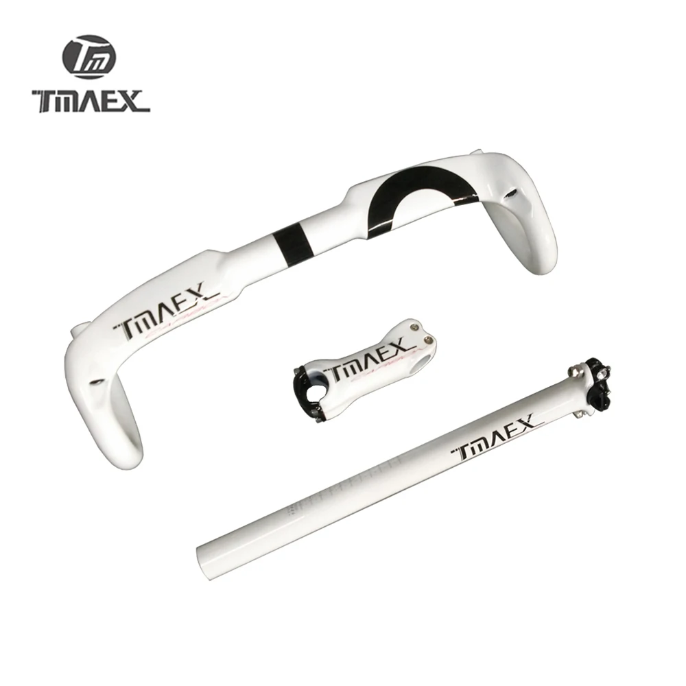 TMAEX- Professional White Road Bicycle Carbon Handlebar Sets, Bent Bar, Stem, Double Nail Seat Post, 400mm, 420mm, 440mm