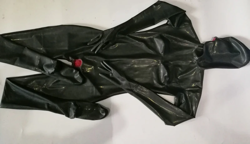 Full Cover Black Latex Catsuit with 3D breast mouth condom vaginal condom and butt condom mask hood costumes