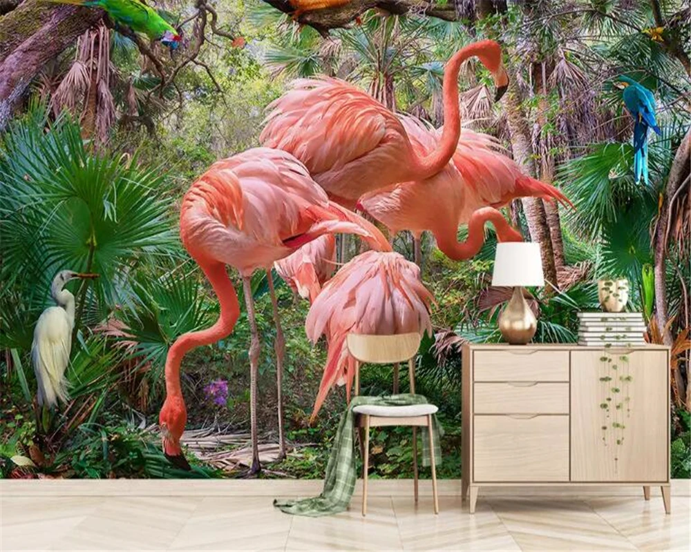 

beibehang Stylish modern minimalist hand-drawn wallpaper tropical plant flamingo TV background wallpapers for living room behang