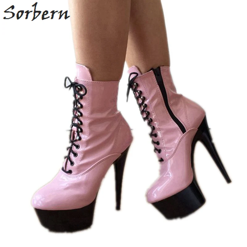 Sorbern Pink Shiny Ankle Boots For Women 15Cm High Heels Platform Reflective Heels Boots Female Punk Gothic Boots Custom Color