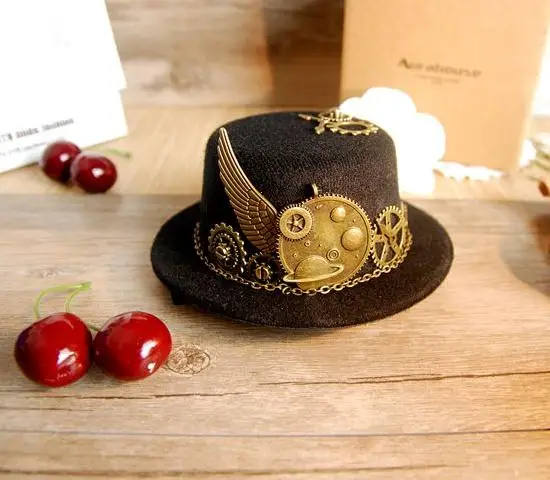 Unique Stunning Black Steampunk Mini Top Hat Gears Wing Chain Accessories Party Hats