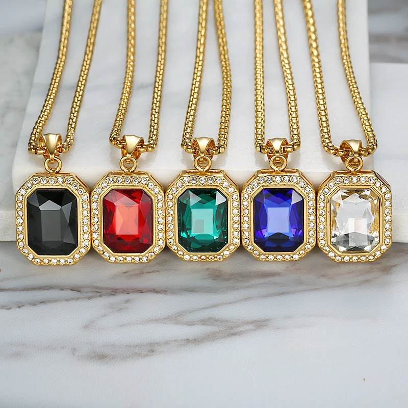 Iced Out Small Square Black Crystal Pendant Necklace For Men/Women Bling Rhinestone Hip hop Jewelry With Box Chain Drop Shipping