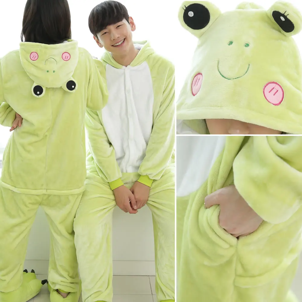 Adult Women Men Onesies Frog Cosplay Costume Halloween Party dress Flannel fleece Pajamas Couple Pyjamas Winter Warm Sleepwear