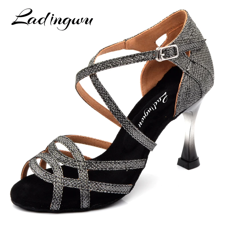 Ladingwu Brands Dance Shoes Women Gray Glitter Salsa Dance Shoes Gradient Gold Plated Heel 7.5cm 9cm Latin Dancing Shoes Sandals