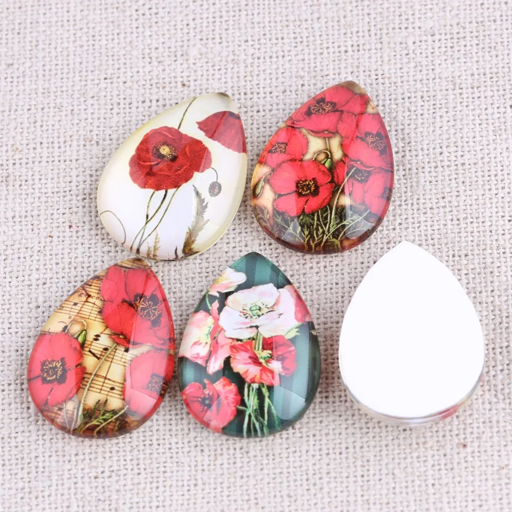 onwear 20pcs mix poppy flower photo teardrop glass cabochon 18x25mm diy flat back handmade jewelry findings for earrings pendant