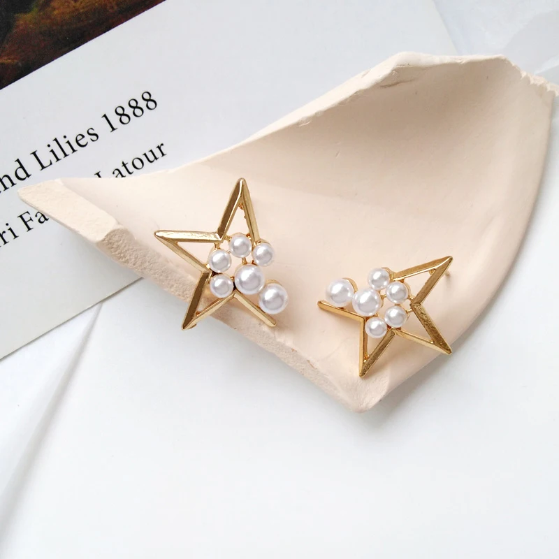 SRCOI Creative Geometric Star Earrings With Imitation Pearl Punk Stud Earring For Women Gold Color Temperament Jewelry Wholesale