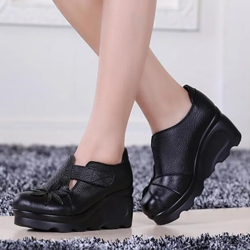 Top Cowhide Genuine Leather Shoes Women Shoes High Heels 2024 New Spring Fashion Casual Shoes Wedges Women Pumps Wedding Shoes