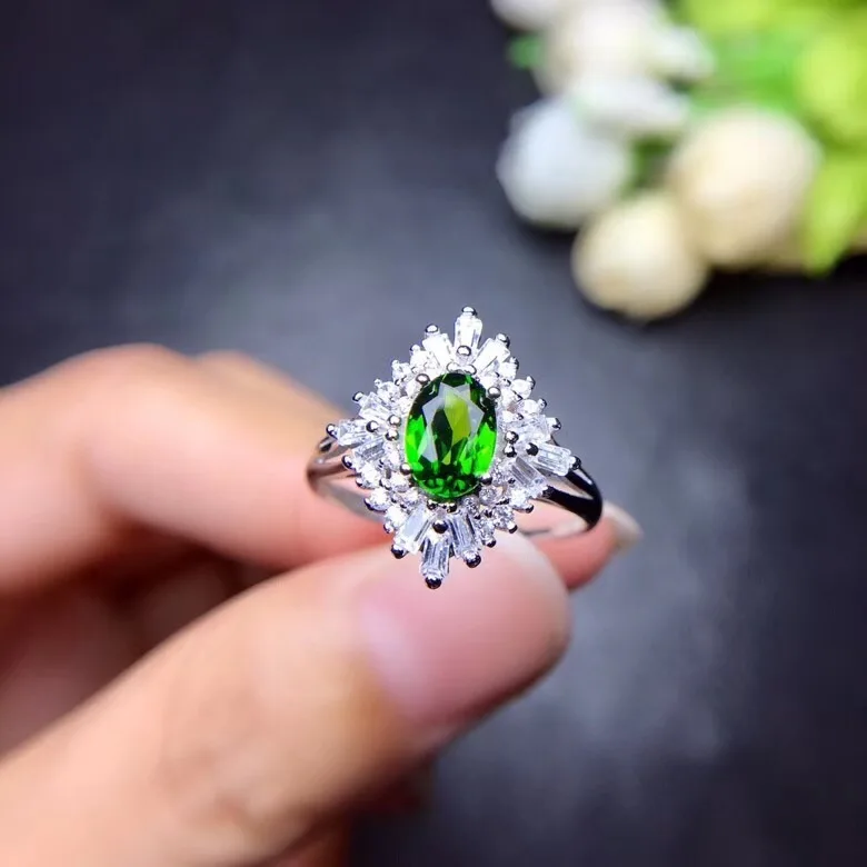 

Natural diopside ring, 925 silver, crystal clear, dark green, luxurious style,