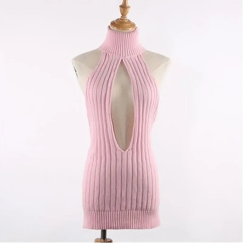 UHYTGF Sexy Backless Virgin Killer Sweater Women Bodysuit Turtleneck Open Chest Hollow Japanes Knit Sweaters Female Pullover 322