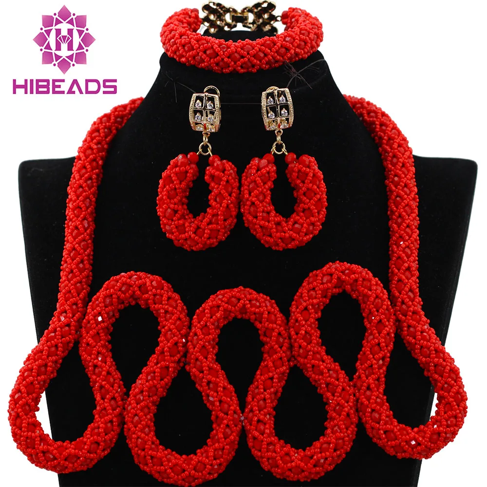 Chunky Indian Wedding Beads Red Crystal Nigerian Fashion Statement Necklace for Women Bridal Jewelry Sets Free Shipping ABK911