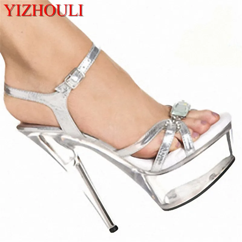 

15cm Fashion sexy noble fashion silver thin belt black sandals set auger shoes model shows High Heel Shoe