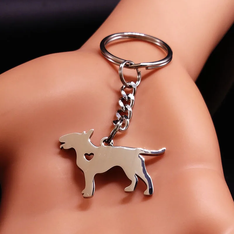 Bull Terrier Pet Dog Love Heart Stainless Steel Key Chain for Women Men Silver Color Keychain Keyring Jewelry porte clef K1345S1